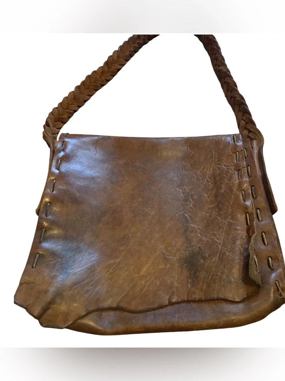 Large Brown Handmade Leather Satchel With Braided Sturdy Strap | Hippie Travel